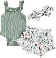 [CIYCUIT] Newborn Baby Girl Summer Clothes Ruffle Sleeveless Ribbed Top Bloomers Shorts Set