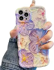 UEEBAI Case for iPhone 13 Pro Max 6.7 inch, Colorful Retro Oil Painting Flower Case Pretty Glossy Pattern Wave Case Cute Sparkly Floral Curly Cover Stylish Soft Case for Women and Girl -Purple White