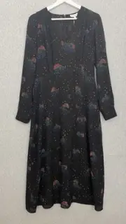 Warehouse Dress Womens Size 12 Black Cloud 9 Print Midi Sleeve Casual Party