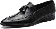 [Generic] Retro British Rhomboids Oxford for Men Formal Shoes Low Top Slip On Tassels Pointed Toe Block Heel Genuine Leather