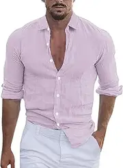 [Generic] Men's Linen Hawaiian Shirts Short Sleeve Plain Casual Shirts Button Down Shirt for Men Beach Summer Wedding Shirt