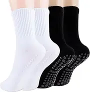 [Ivyhouse] Pilates Yoga Socks with Grips for Women - Crew Length Ballet Barre Socks - Sticky Workout Hospital Socks, 4 Pairs, Black*2 White*2, Black*2 White*2