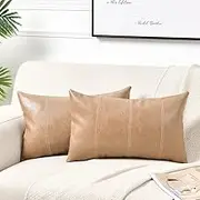 Fancy Homi 2 Packs Tan Long Lumbar Faux Leather Decorative Throw Pillow Covers 12x24 Inch for Outdoor Couch Bed, Beige Hand Stitched Cushion Case 30x60 cm, Taupe Modern Farmhouse Home Decor