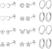 [Jstyle] Hypoallergenic Surgical Steel Earrings for Sensitive Ears 14K Gold Flat Back Earrings for Women Men Small Stainless Steel Earrings Flatback Stud Hoop Cartilage Earring Set for Multiple Piercing