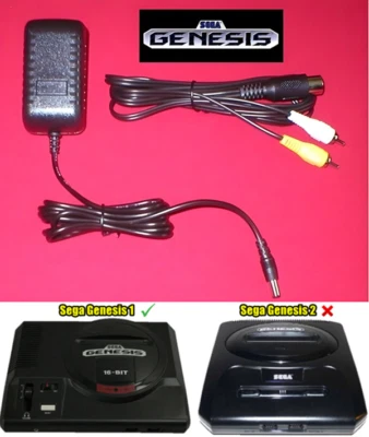 Power Cord AC Adapter Power Supply & AV Cable for the Sega Genesis 1 System NEW