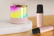 Bluetooth Mini Karaoke Machine Singing Speaker With 2 Wireless Mic And Light-Pink