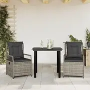 Outdoor Furniture Sets Patio Chair Table - 3 Piece Garden Bistro Dining Set with Grey Cushions - Poly Rattan Outdoor Chairs for Porch & Balcony