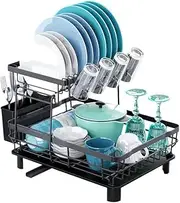 2 Tier Dish Drying Rack, Large Kitchen Counter Organiser,Stainless Steel Dish Draining Rack with Drainboard Set Dish Drainer with Utensil Holder, Cup Holder Extra Drying Mat Storage (Gray 2 Tier)