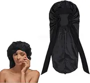 Satin Tie Bonnet, High Elastic Bonnet with Tie Band, Sleeping Long Bonnet with Adjustable Button, Sleeping Bonnet for Women Curly Hair (Black)