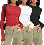[AUTOMET] Womens 3 Pack Long Sleeve Shirts Basic Crop Tops Going Out Fall Fashion Underscrubs Layer Slim Fit Y2K Tops