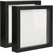 DEMAIKE Shadow Box Picture Frame Real Glass Display Case Deep Wood Photo Frame with Linen Backboard for Tickets,Memeory,Pictures,2pcs 8x8 inch Black