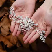 CanB Bride Pearl Hair Comb Flower Silver Wedding Leaf Crystal Bridal Headpiec...