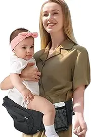Hip Seat Baby Carrier - Wonbaby Ergonomic Child Carrier Baby Hip Carrier with Adjustable Waist Belt, 3D Non-Slip Seat & Various Pockets for Newborn to Toddlers - Hip Carrier for Baby Black