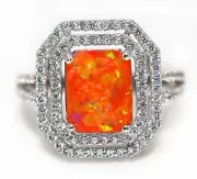 Natural Red Fire Opal & White Topaz 925 Sterling Silver Ring Jewelry Sz 6