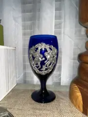 Vintage Libbey Cobalt Blue Pewter Fairy Drinking Water Wine Glass Goblet Rare