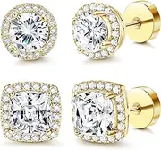 [Sanfenly] Flat Back Stud Earrings 14K Real Gold Plated Cubic Zirconia Stud Earrings Hypoallergenic Round Square Big Simulated Diamond Stud Earrings for Women Men 20G