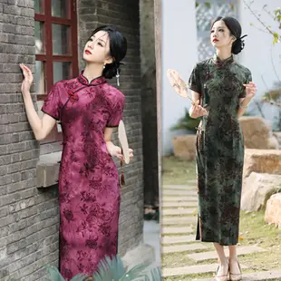 老上海復古中國風牛奶絲植絨長款短袖旗袍春夏中老年旗袍