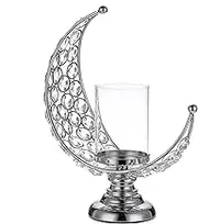 OwnMy Moon Shaped Crystal Pillar Candle Holder Tealight Holder with Glass Cover, Metal Crystal Moon Pillar Candle Stand Votive Candlestick Candle Lamp for Dining Table Centerpiece Wedding (Silver)