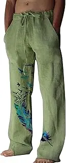 [Generic] Mens Boho Cotton Linen Pants Drawstring Yoga Beach Pants Men Loose Fit Lightweight Elastic Waist Vacation Print Pants, Green, Large