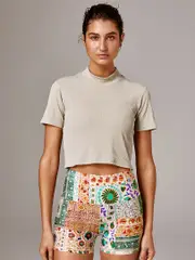 Women's Turtle Neck Top. Running Bare Ribbed Crop Tee.