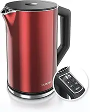 Arendo - Stainless steel kettle with temperature setting 40-100 degrees in 5 steps - Double wall design - Elegant model - 1.5 litres - 2200 W - Tea kettle with temperature display - GS - Carmine red