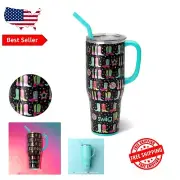 40oz Stainless Steel Tumbler with Handle and Straw - Trendy Disco Cowgirl Print