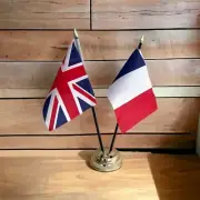 UNION JACK & AND FRANCE Friendship TABLE FLAGS with GOLDEN BASE French flag