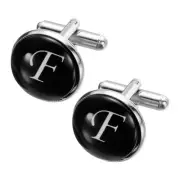 2Pcs Initial Cufflinks, Iron Round Letter Cuff Links for Men (Black/White, F)