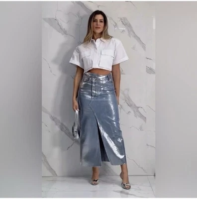 Zara TRF Denim Midi Skirt Small Metallic Jean Slit Y2K Cyberpunk Streetwear Chic