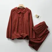 Pajama Set: Long-Sleeve Peter Pan Collar Floral Print Tie Front Button-Up Top + Pants Set - Top & Pants - Wine Red - L