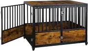 AGESISI Dog Crate Furniture 44 Inch Wooden Dog Kennel, Pet Crates End Table with 2 Doors, Dog Cage Indoor with 4 Lockable Wheels for Medium and Large Dogs, Rustic Brown