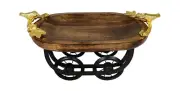 Wood Cart Shape Serving Tray with Golden Plated Aluminum Metal Handles