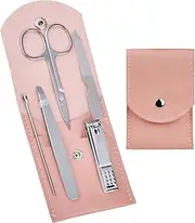 HANTEKAS Travel Manicure Set Professional Nail Clipper Kit-5 Pieces Stainless Steel Manicure Kit, Women Men Grooming kit With Nail Care Tools Beauty Scissors Tweezers (Silver Pink)
