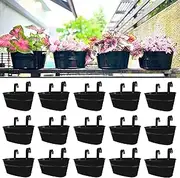 LaLaGreen Outdoor Plants Rail Planter (15 Pack, 11.2 Inch) Black Metal Iron Hanging Flower Pots Deck Railings Fence Buckets Modern Boho Style Wall Mount Window Box Plant Holder Hooks Porch Home Decor