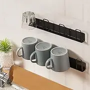 BAIEUEJO 2pcs Mug Hooks Wall-mounted Mug Holder, Coffee Cups Holder Hanger no Drilling,mug rack Hooks with 4 cup holders,Cups Storage Hooks ​for kitchen, living room, office (Black)