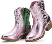 [PATPAT] Cowgirl Boots Girls Little Big Kids Cowboy Western Boots Boys Metallic Horse Riding Shoes Short Calf Sparkly Star Embroidered Pointed Round Toe Side Zipper Low Heel Party Birthday Country Pull on