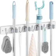 White Mop Broom Holder Wall Mount with 4 Slots & 4 Hooks - Wood