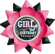 Handmade Iridescent Birthday Girl Button, Happy Birthday Button Pins for Girls or Women, Black Hot Pink Grosgrain Ribbon Pins for Birthday Party Decorations Supplies Gifts Ideas (3.75 * 3.75inch),