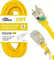 Heavy-Duty 10/3 SJTW Extension Cord - 25FT Weatherproof Lighted End Power Cord