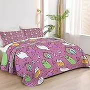 Allenjoy Queen Size Chubby Cat Quilt Bedspreads Cute Comic Sensation Bed Set Bedding Coverlet Fabric Washable with 2 Pillow Shams SC00136-007
