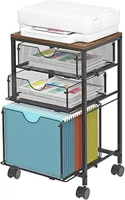 BOHDK Rolling File Cart with 3 Storage Drawers, Wood & Mesh Hanging File Folder Organizer with Wheels Under Desk, File Cabinets for Home Office, 11.81"D x 14.8"W x 25.39"H, Black