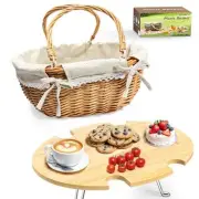 Handwoven Wicker Picnic Basket for 2 with Foldable Picnic Table,16" Basket