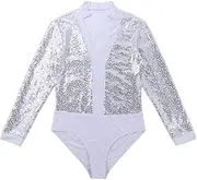 [WANFJ] Sexy Lingerie for Women Sets Mens Sequins Latin Ballet Dance Shirt Leotards Long Sleeve Cut Gymnastics Bodysuit Adult Ballroom Romper Dancewear