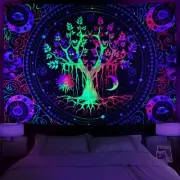 Krelymics Blacklight Tree of Life Tapestry Trippy Sun and Moon Tapestry UV