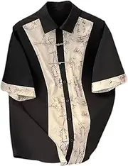 AIMALL Chinese Style National Men’s Shirt Bamboo Print Casual Tang Jacket for Summer, Short Sleeve, Ice Silk, M-2XL Black