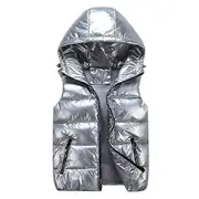 Women Winter Vest Solid Color Hooded Warm Elastic Hem Pockets Bright Color Quilted Vest Waistcoat silver gray 4XL