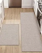 DEXI Kitchen Rugs and Mats for Floor, Non Slip Washable Absorbent Thin Woven Runner Rug for Front of Sink, Laundry Room, Hallway, 17"x29"+17"x59", Khaki