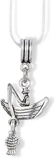 [Dave The Bunny] EPJ Fisherman Catching Fish in Row Boat Charm Snake Chain Necklace