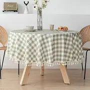 Oilcloth Tablecloth Oval Shape 200cm, Cotton Linen Round Table Cloth, Soild Plaid with Tassel Table Cover, Heavy Duty Wrinkle Free Soft, for Dining Table, Buffet Parties