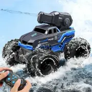 Remote Control Monster Truck All Terrain 4WD Amphibious RC Car and Boat with Water Spray Shooting Waterproof Toy Gift for Kids, Blue